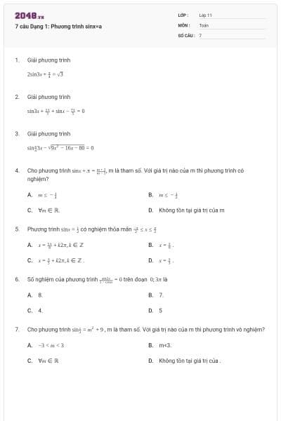 7 câu Dạng 1: Phương trình sinx=a
