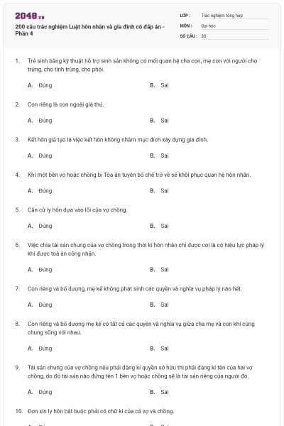 200 câu trắc nghiệm Luật hôn nhân và gia đình có đáp án - Phần 4