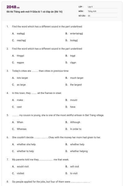 Đề thi Tiếng anh mới 9 Giữa kì 1 có đáp án (Đề 16)
