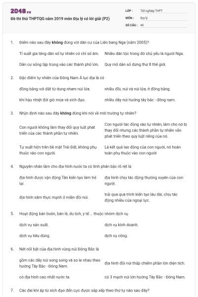 Đề thi thử THPTQG năm 2019 môn Địa lý có lời giải (P2)