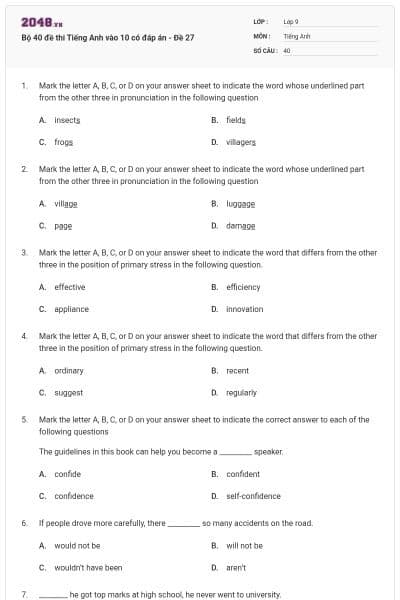 Bộ 40 đề thi Tiếng Anh vào 10 có đáp án - Đề 27