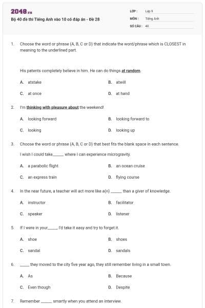 Bộ 40 đề thi Tiếng Anh vào 10 có đáp án - Đề 28