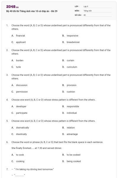 Bộ 40 đề thi Tiếng Anh vào 10 có đáp án - Đề 29