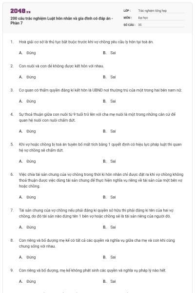 200 câu trắc nghiệm Luật hôn nhân và gia đình có đáp án - Phần 7