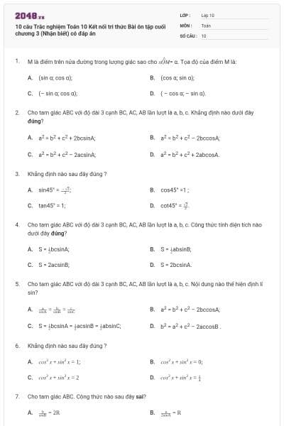 10 câu Trắc nghiệm Toán 10 Kết nối tri thức Bài ôn tập cuối chương 3 (Nhận biết) có đáp án