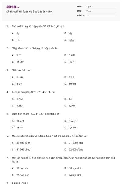 Đề thi cuối kì I Toán lớp 5 có đáp án - Đề 4