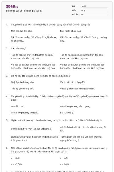 Đề ôn thi Vật Lí 10 có lời giải (Đề 5)