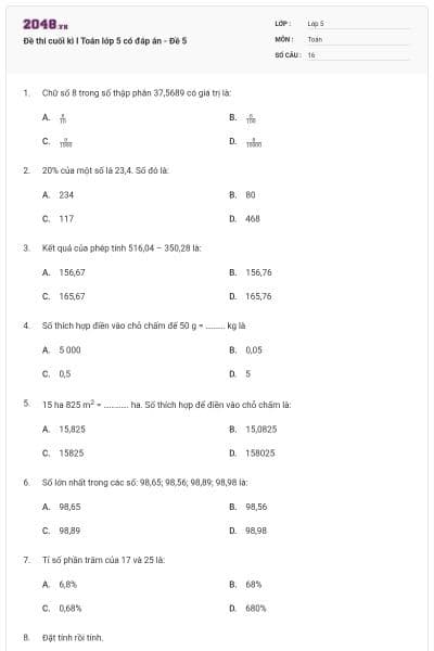 Đề thi cuối kì I Toán lớp 5 có đáp án - Đề 5