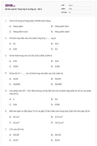 Đề thi cuối kì I Toán lớp 5 có đáp án - Đề 6