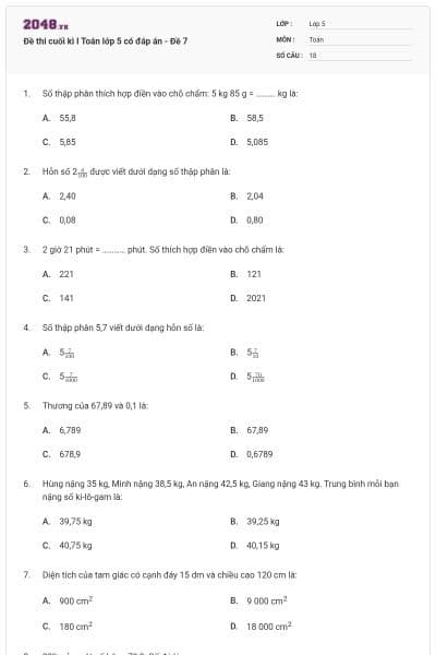 Đề thi cuối kì I Toán lớp 5 có đáp án - Đề 7