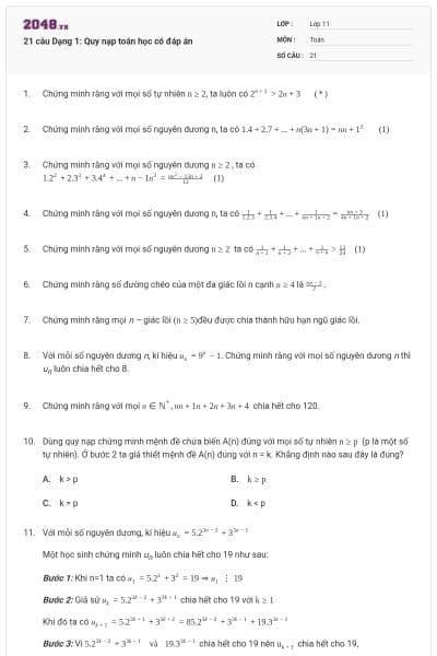 21 câu Dạng 1: Quy nạp toán học có đáp án