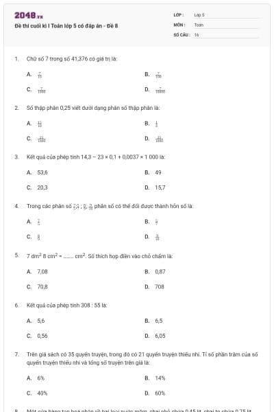 Đề thi cuối kì I Toán lớp 5 có đáp án - Đề 8