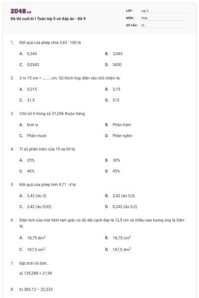 Đề thi cuối kì I Toán lớp 5 có đáp án - Đề 9