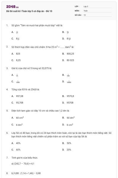 Đề thi cuối kì I Toán lớp 5 có đáp án - Đề 10