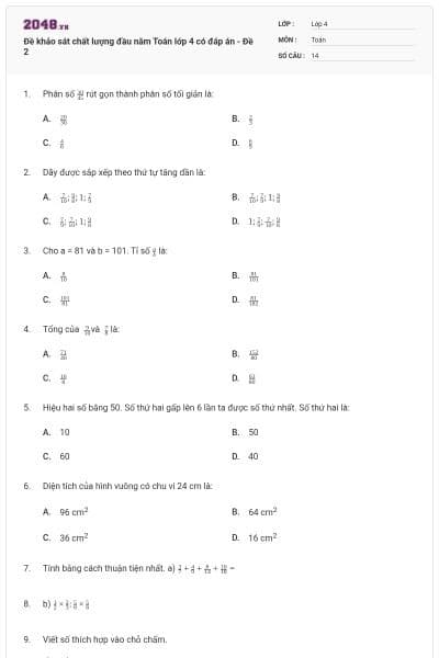 Đề khảo sát chất lượng đầu năm Toán lớp 4 có đáp án - Đề 2