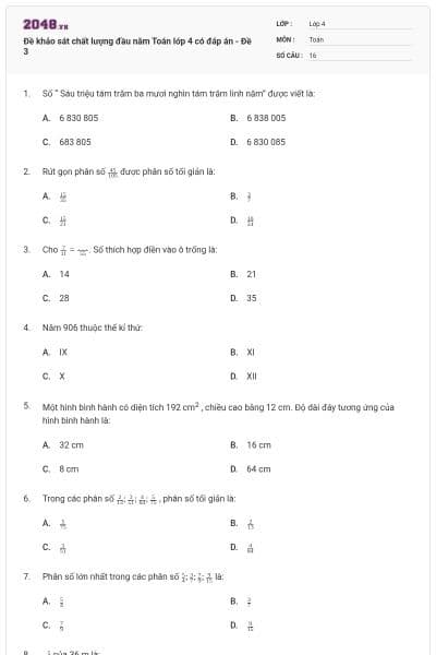 Đề khảo sát chất lượng đầu năm Toán lớp 4 có đáp án - Đề 3