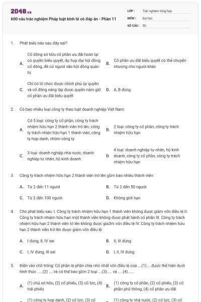600 câu trắc nghiệm Pháp luật kinh tế có đáp án - Phần 11