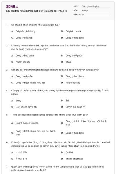 600 câu trắc nghiệm Pháp luật kinh tế có đáp án - Phần 13