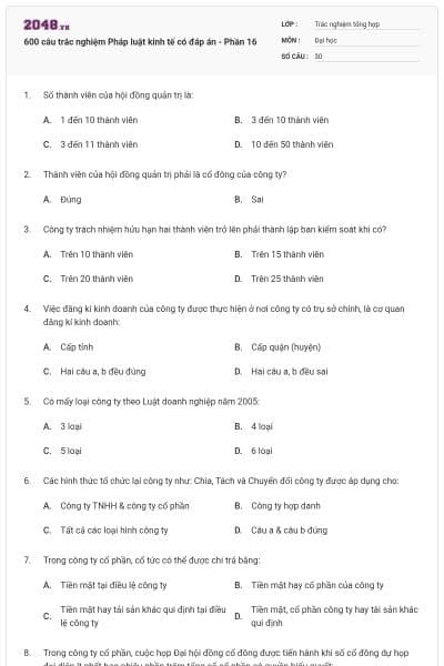 600 câu trắc nghiệm Pháp luật kinh tế có đáp án - Phần 16