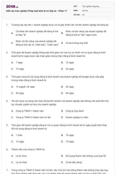 600 câu trắc nghiệm Pháp luật kinh tế có đáp án - Phần 17