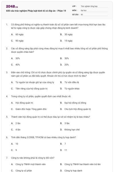 600 câu trắc nghiệm Pháp luật kinh tế có đáp án - Phần 19