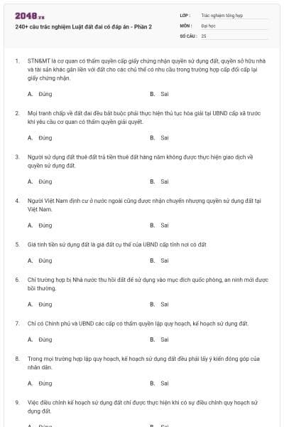 240+ câu trắc nghiệm Luật đất đai có đáp án - Phần 2