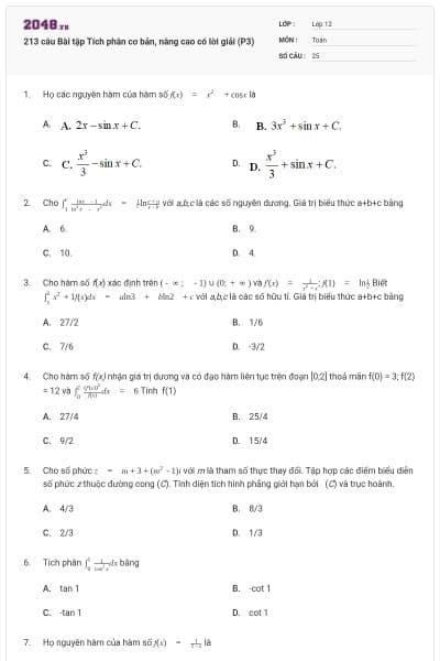 213 câu Bài tập Tích phân cơ bản, nâng cao có lời giải (P3)