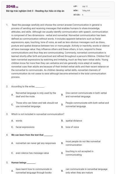 Bài tập trắc nghiệm Unit 3 - Reading đọc hiểu có đáp án