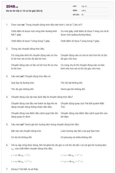 Đề ôn thi Vật Lí 10 có lời giải (Đề 6)