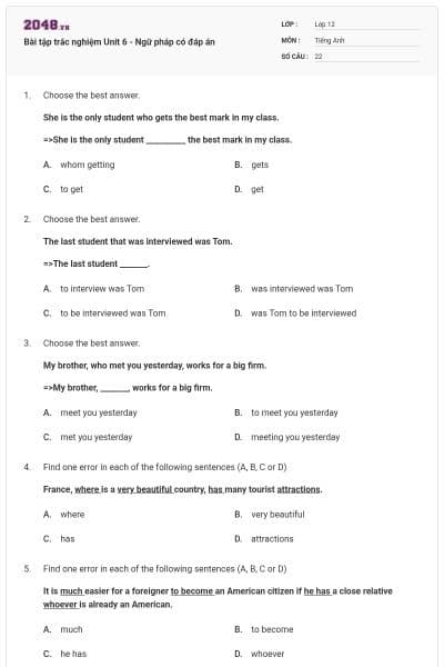 Bài tập trắc nghiệm Unit 6 - Ngữ pháp có đáp án