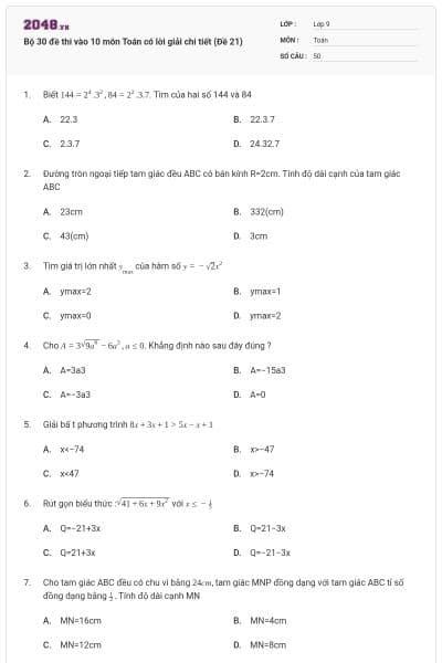Bộ 30 đề thi vào 10 môn Toán có lời giải chi tiết (Đề 21)