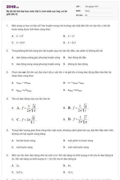Bộ đề thi thử Đại học môn Vật Lí mới nhất cực hay, có lời giải (Đề 3)
