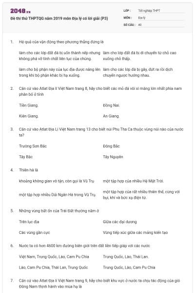Đề thi thử THPTQG năm 2019 môn Địa lý có lời giải (P3)