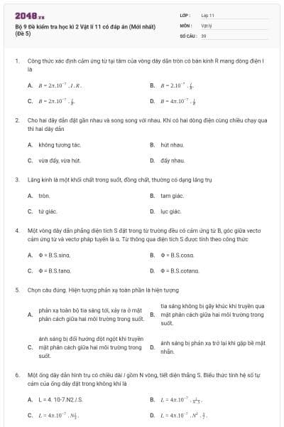 Bộ 9 Đề kiểm tra học kì 2 Vật lí 11 có đáp án (Mới nhất) (Đề 5)