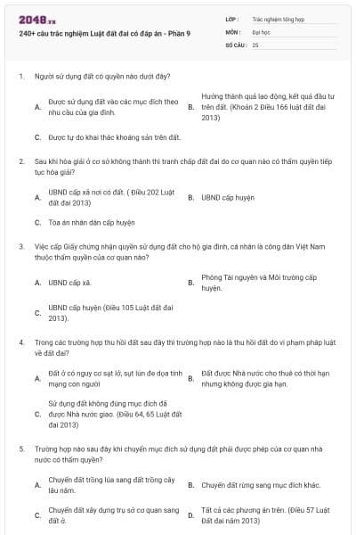 240+ câu trắc nghiệm Luật đất đai có đáp án - Phần 9