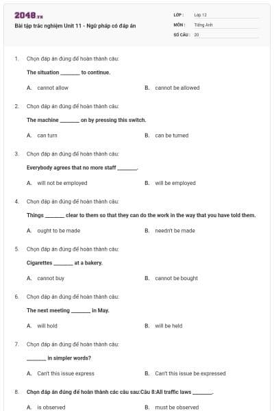 Bài tập trắc nghiệm Unit 11 - Ngữ pháp có đáp án