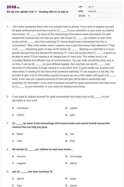 Bài tập trắc nghiệm Unit 11 - Reading điền từ có đáp án