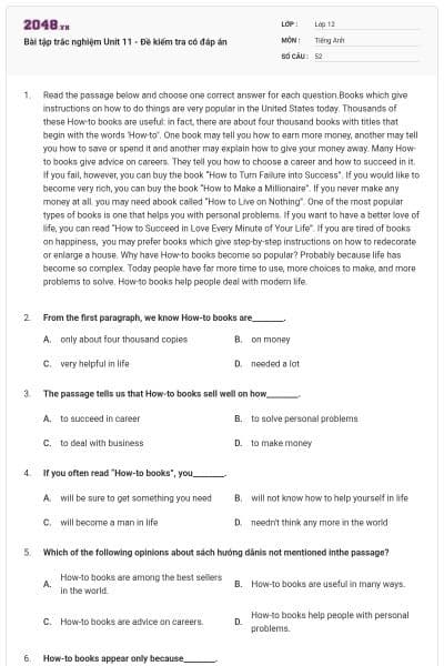 Bài tập trắc nghiệm Unit 11 - Đề kiểm tra có đáp án