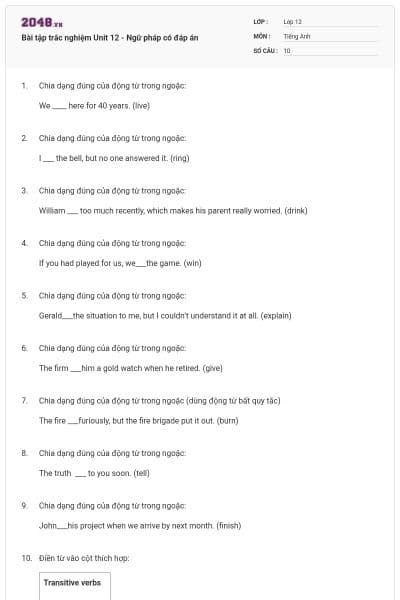 Bài tập trắc nghiệm Unit 12 - Ngữ pháp có đáp án