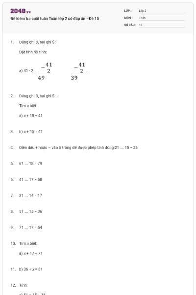 Đề kiểm tra cuối tuần Toán lớp 2 có đáp án - Đề 15