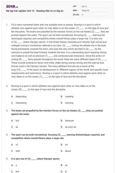 Bài tập trắc nghiệm Unit 12 - Reading điền từ có đáp án