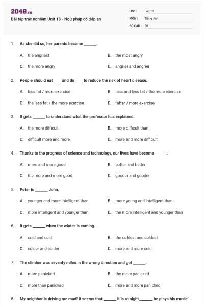 Bài tập trác nghiệm Unit 13 - Ngữ pháp có đáp án