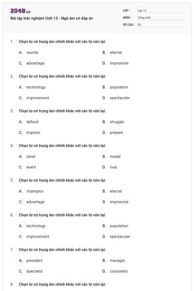 Bài tập trác nghiệm Unit 13 - Ngữ âm có đáp án