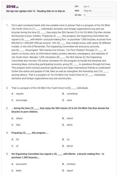 Bài tập trác nghiệm Unit 13 - Reading điền từ có đáp án