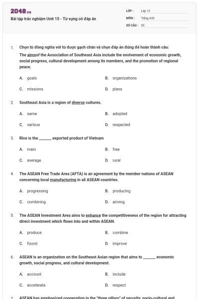 Bài tập trắc nghiệm Unit 15 - Từ vựng có đáp án