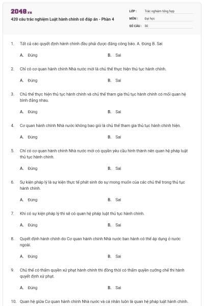 420 câu trắc nghiệm Luật hành chính có đáp án - Phần 4