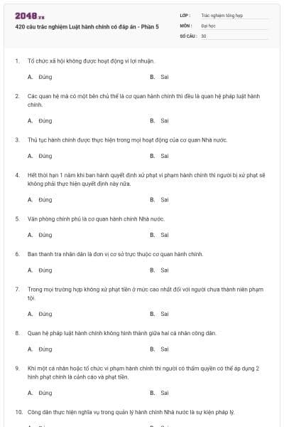420 câu trắc nghiệm Luật hành chính có đáp án - Phần 5