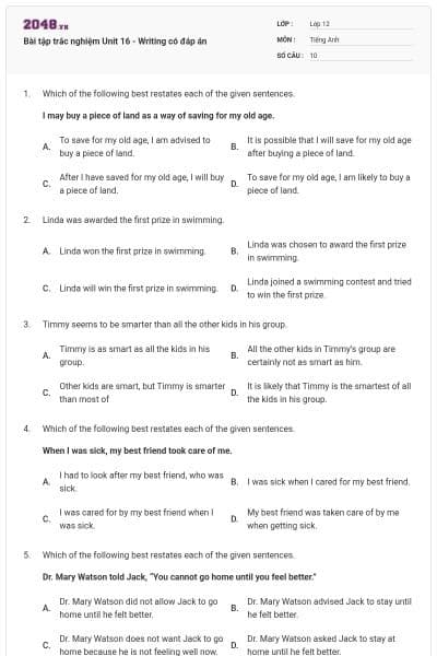 Bài tập trắc nghiệm Unit 16 - Writing có đáp án