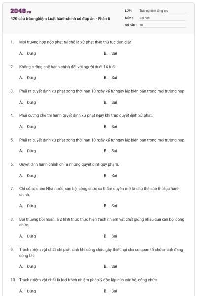 420 câu trắc nghiệm Luật hành chính có đáp án - Phần 6