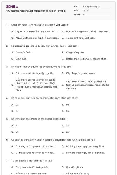 420 câu trắc nghiệm Luật hành chính có đáp án - Phần 8